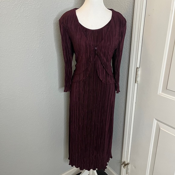 Plisse Dress & Jacket Set Burgundy Midi Dress Party‎ Cocktail Evening - Picture 2 of 9